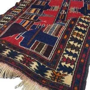 5x3 Handmade Tapestry Red Blue Afghan City Wall Area Rug 182 KPSI 100% Wool